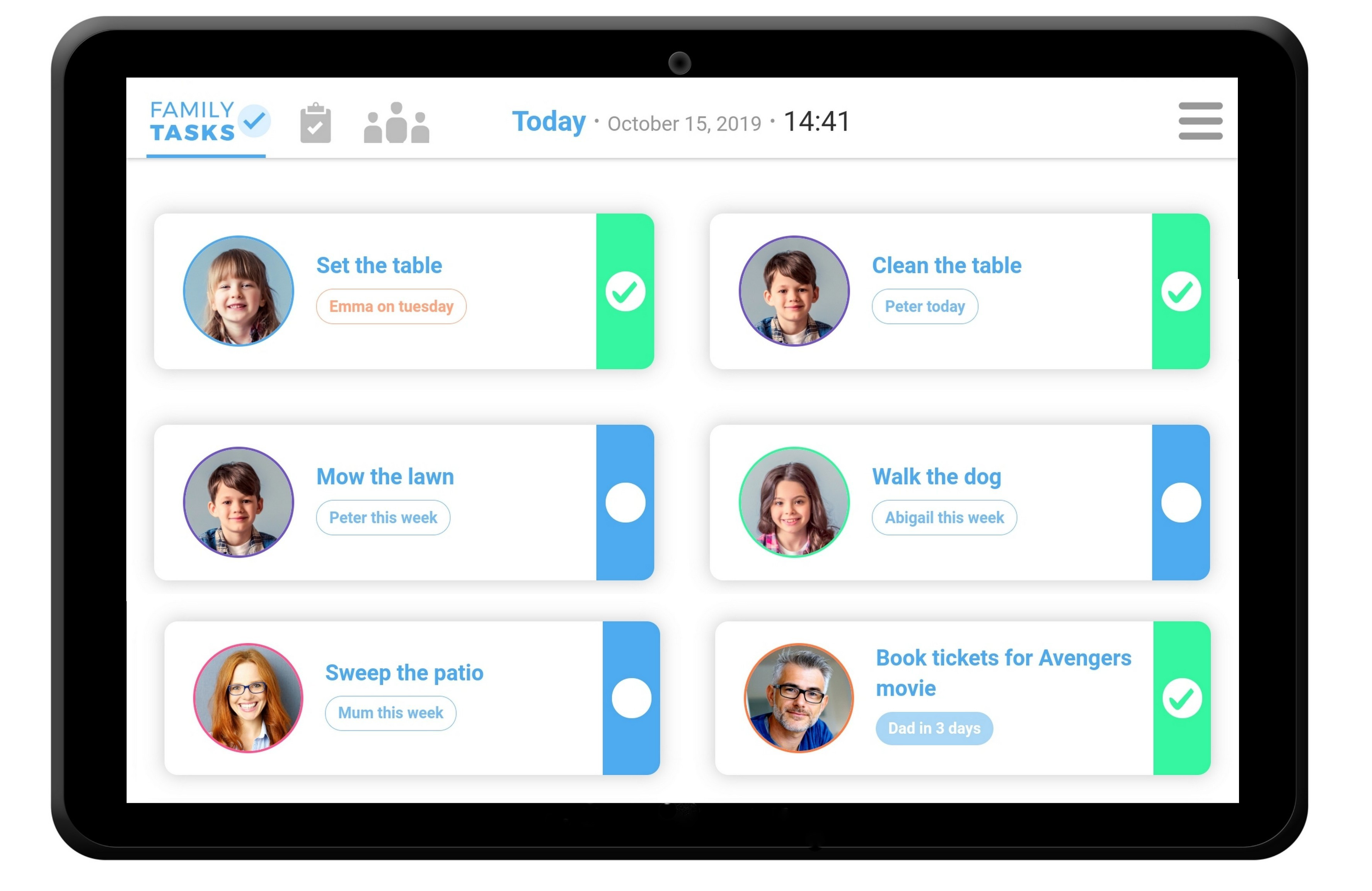 Screenshot of Family Tasks app, showing example tasks